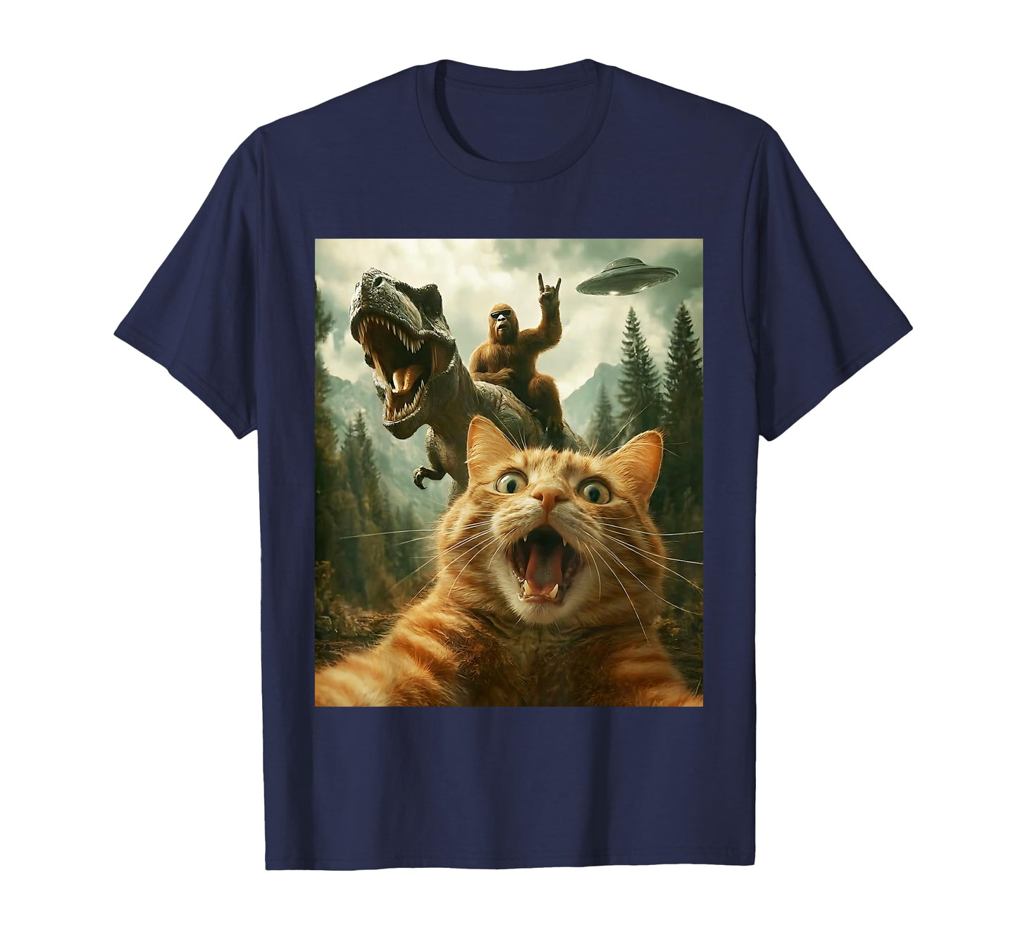 Cat Selfie with Bigfoot Riding T-Rex Dinosaur Flying UFO T-Shirt