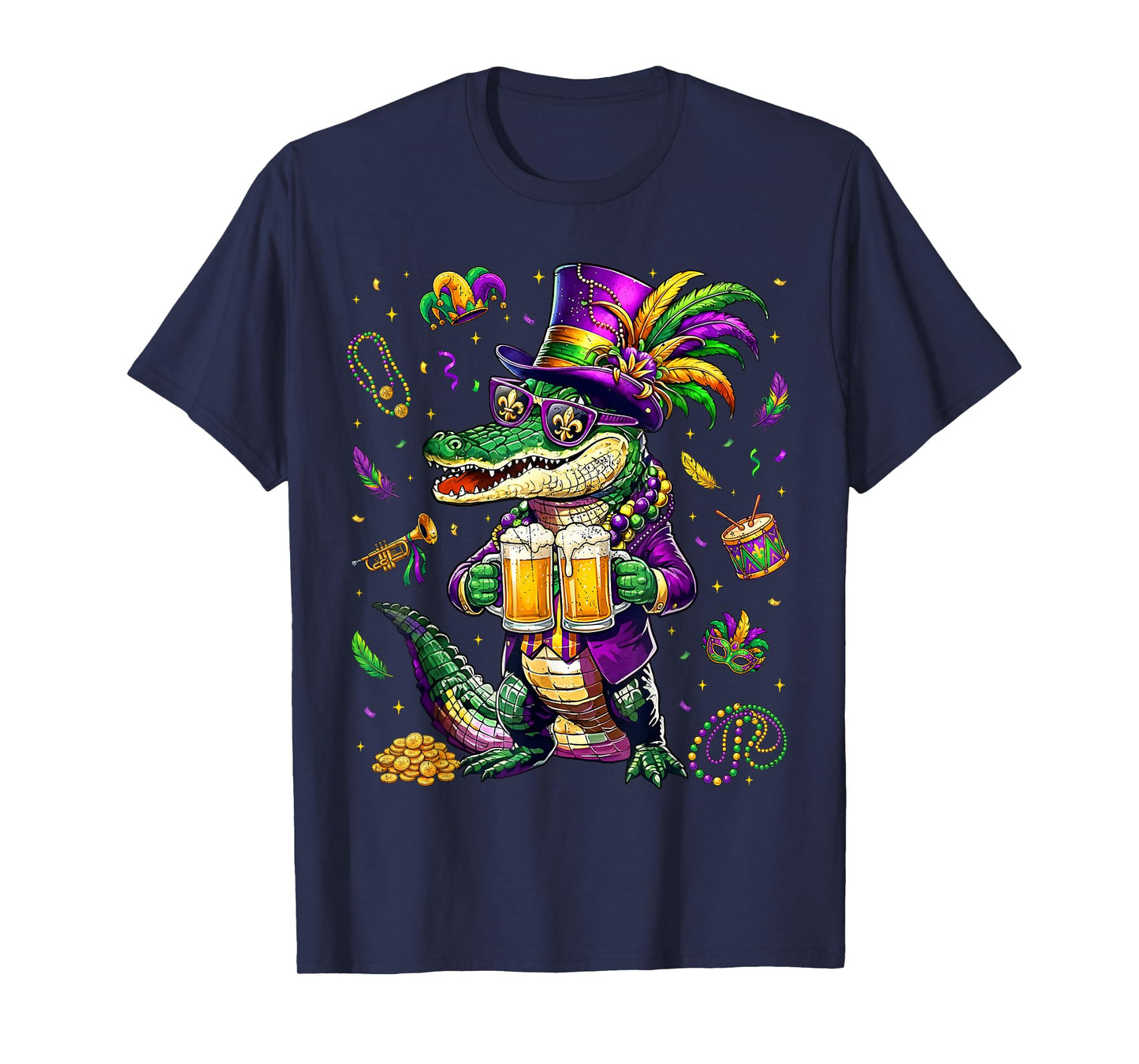 Funny Mardi Gras Malligator Drinking Drink Vintage Bead Men T-Shirt