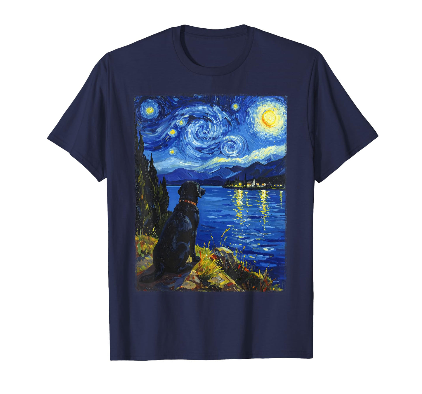 Van Gogh Starry Night Painting Black Retriever Dog T-Shirt
