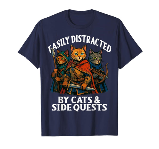 Easily Distracted by Cats & Side Quests Role-Playing Fantasy T-Shirt