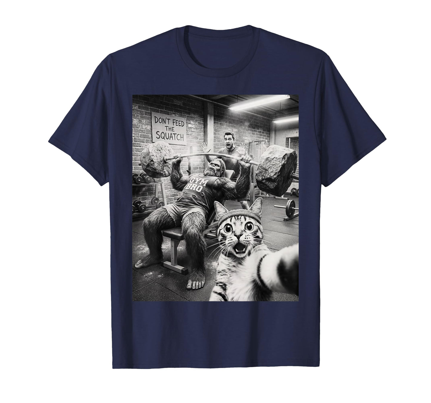Cat Selfie Funny Bigfoot Gym Bro Weightlifting Workout T-Shirt