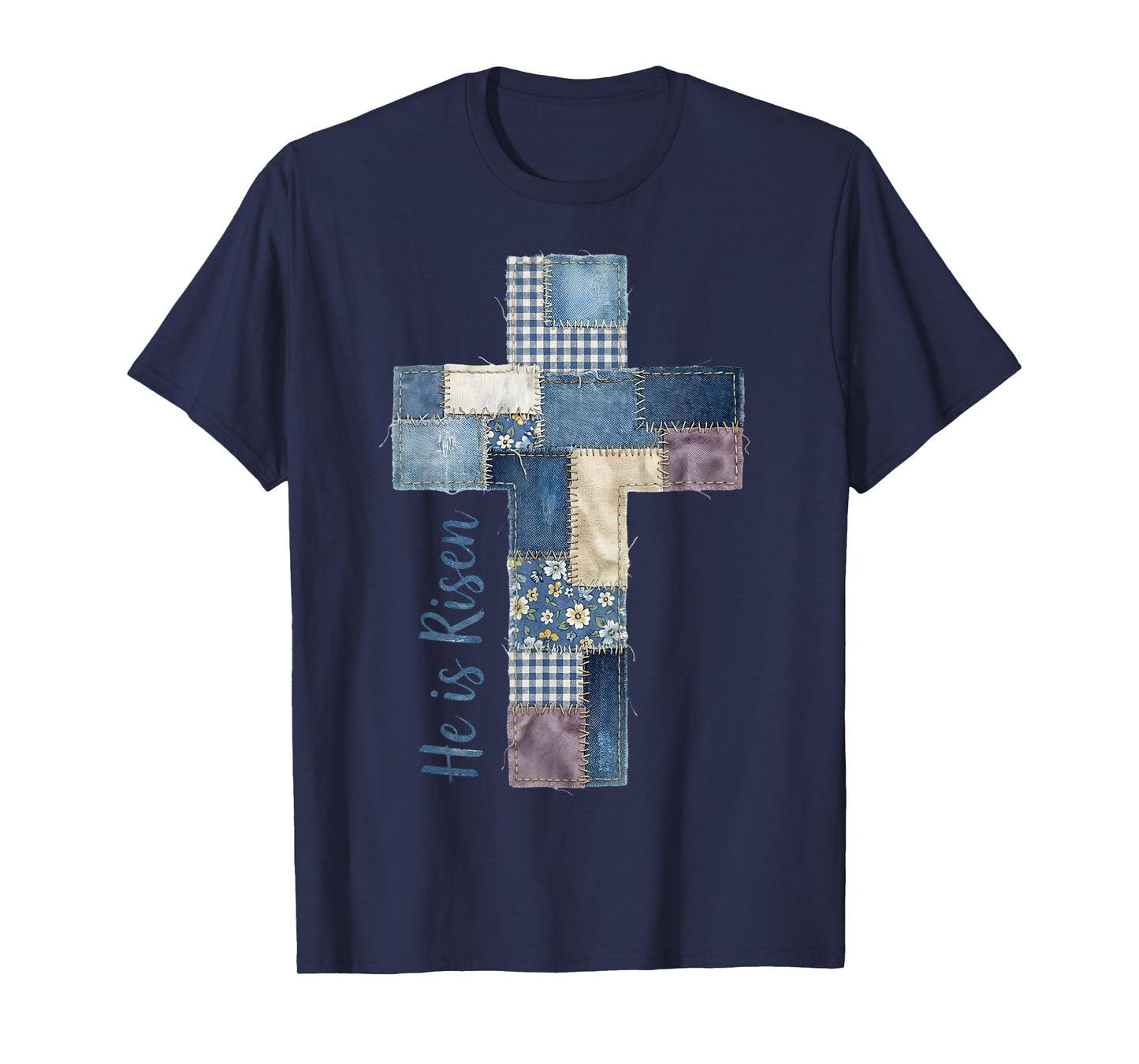 Happy Easter Day He is Risen Jesus Christian Cross Patchwork T-Shirt