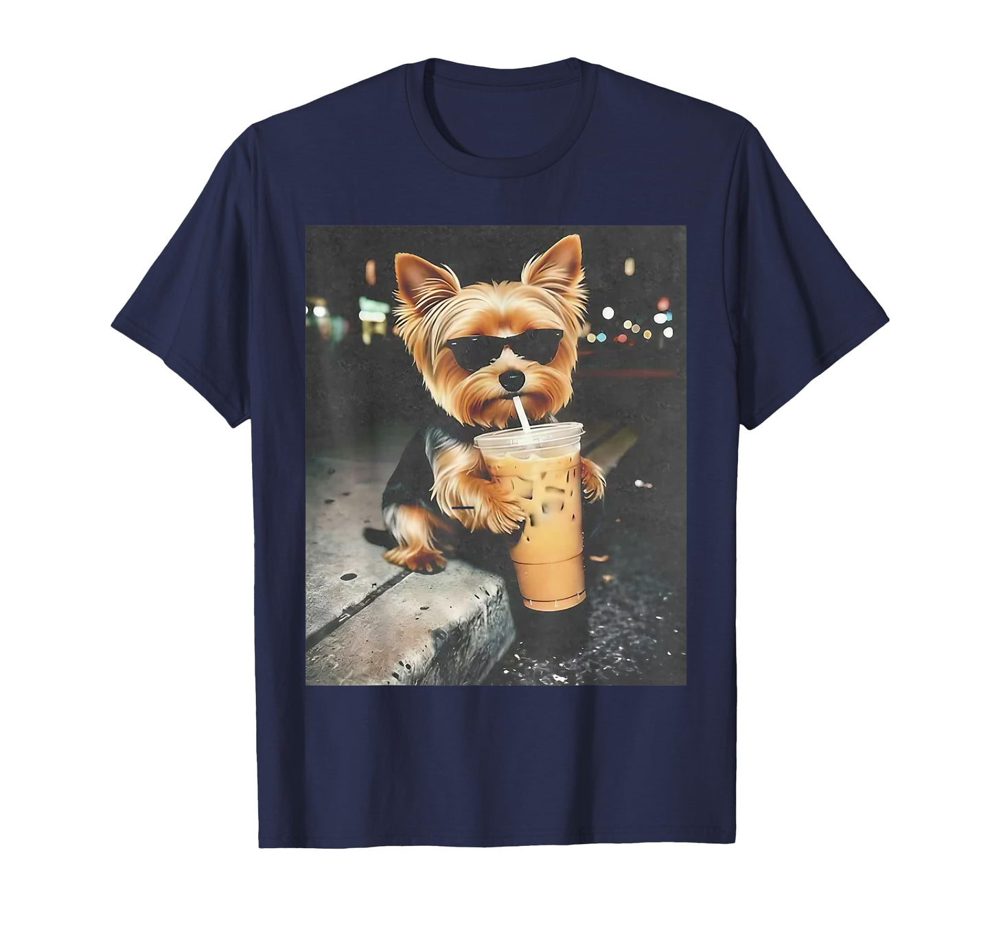 Funny Yorkie Drinking Iced Coffee Cute Dog Meme Humor T-Shirt