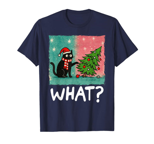 Funny Black Cat Gift Pushing Christmas Tree Over Cat What? T-Shirt