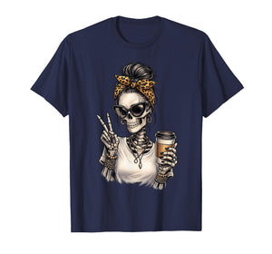 Skeleton Girl Drinking Coffee Peace Sign Graphic T-Shirt