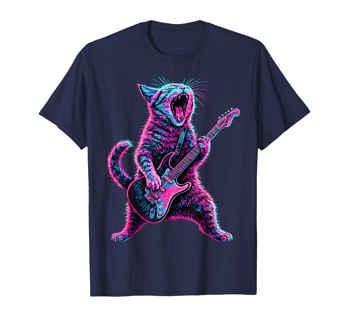 Cat Playing Guitar Retro Music Rock Lovers Cat Guitar Player T-Shirt