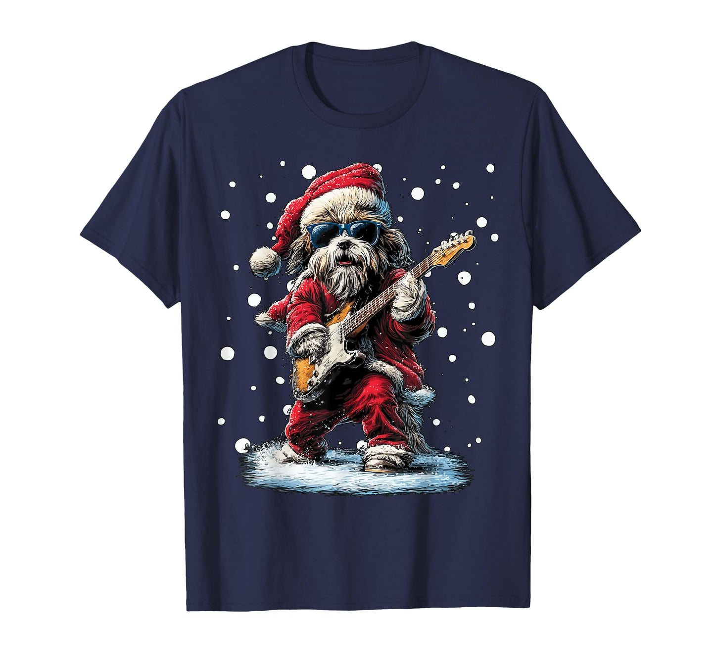 Christmas Shih Tzu Playing Guitar Funny Musician Dog Music T-Shirt