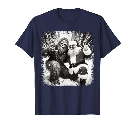Santa with Bigfoot Christmas Lights Funny Sasquatch Believe T-Shirt
