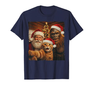 Funny Cat Selfie with Sasquatch and Santa Christmas Boys Men T-Shirt
