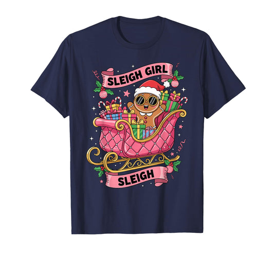 Gingerbread Sleigh Girl Pink Funny Christmas Women Girls T-Shirt