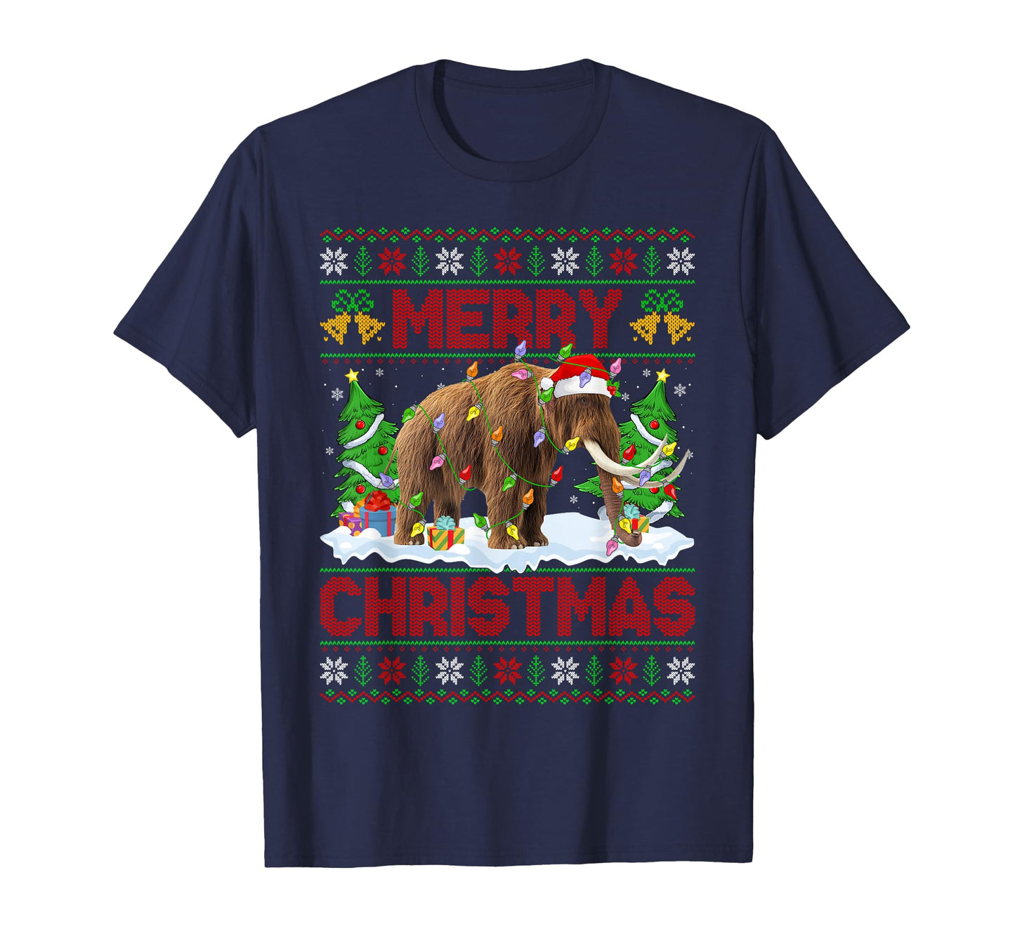 Woolly Mammoth Ugly Xmas Sweater Animal Lights Christmas T-Shirt