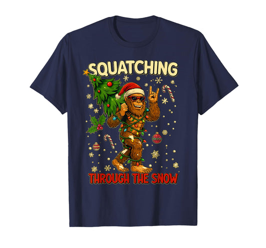 Squatching Through The Snow Funny Bigfoot Xmas Lights Gifts T-Shirt