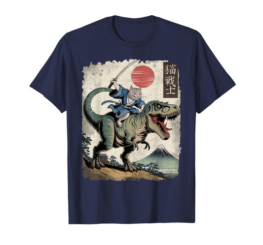 Funny Cat Riding T Rex Japanese Ukiyo-e Art Samurai Cat T-Shirt