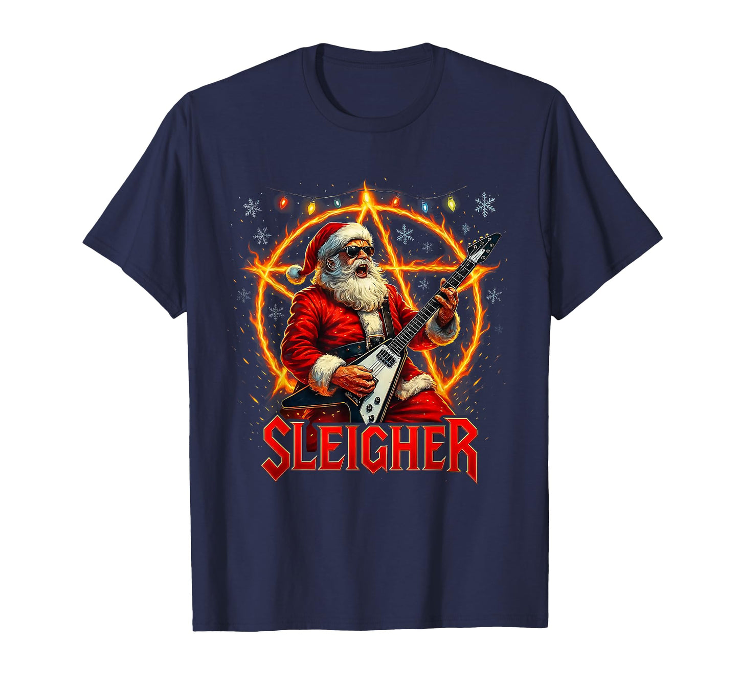 Sleigher Metal Santa Rocking Christmas Design T-Shirt
