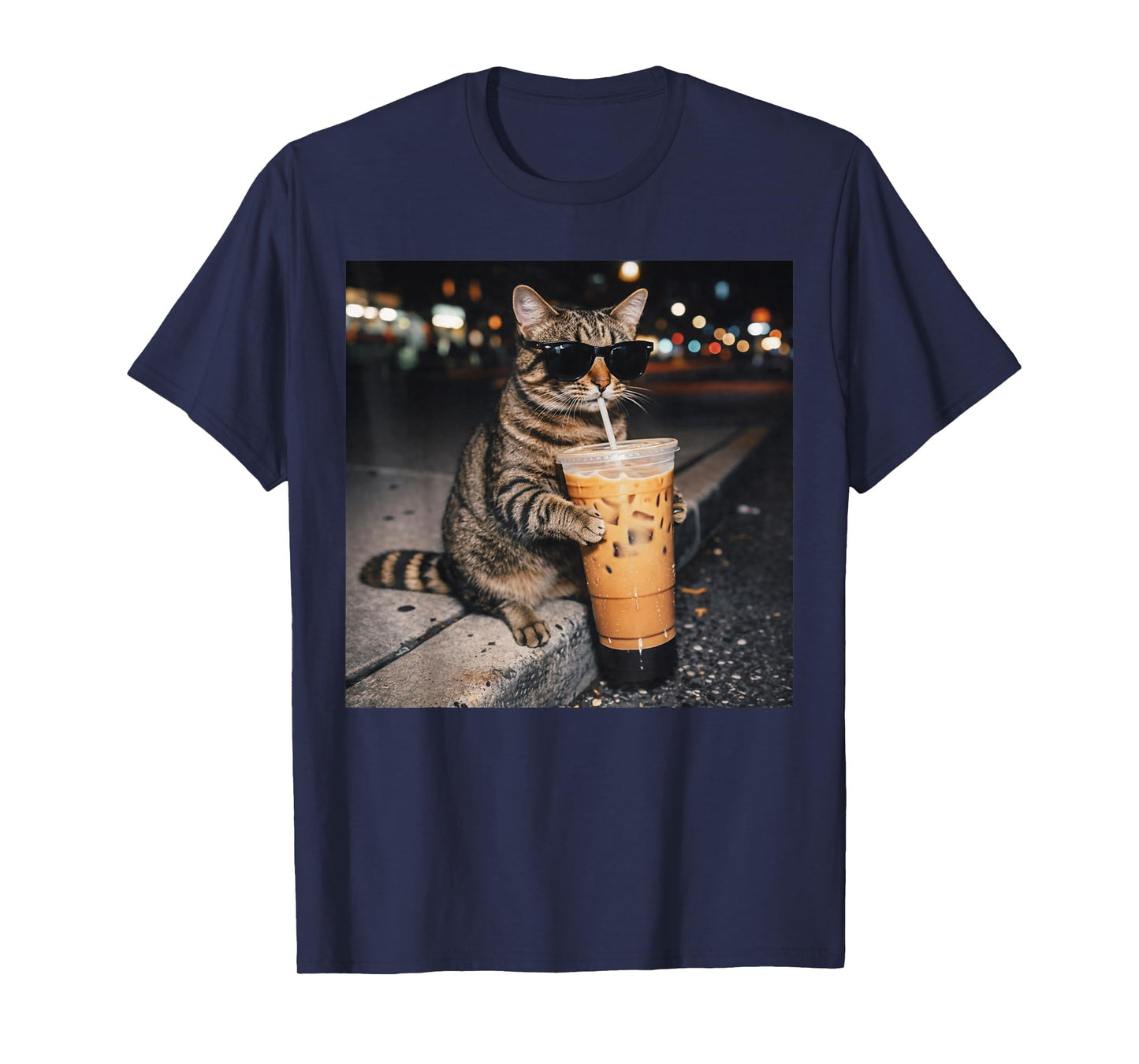 Cat Drinking Iced Coffee Funny Animal Meme Men Women T-Shirt