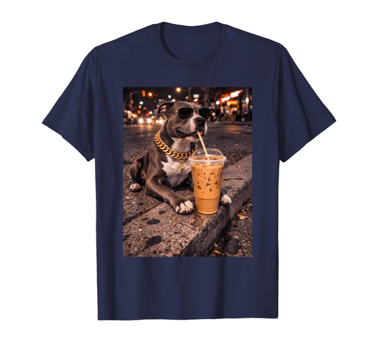 Funny Cool Pitbull Dog Drinking Iced Coffee Animal Lover T-Shirt