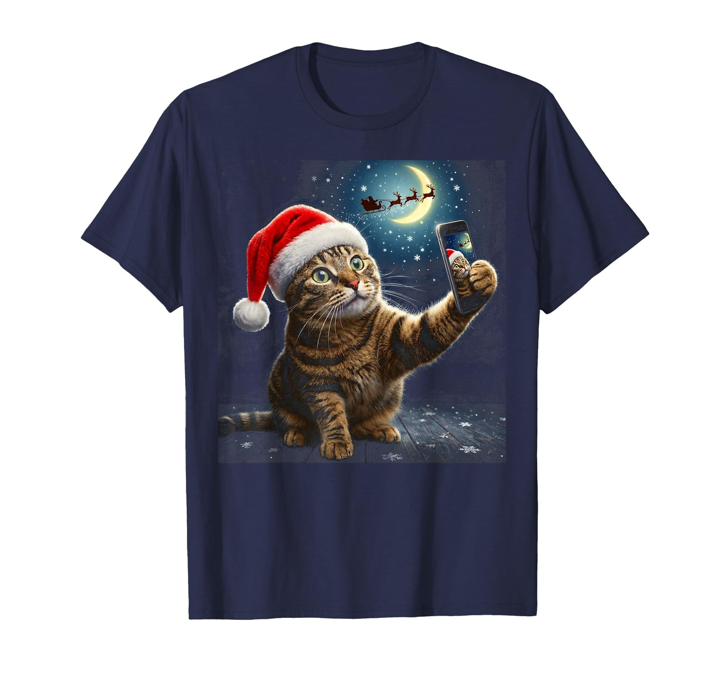 Funny Cat Christmas Selfie Santa Sleigh Graphic T-Shirt
