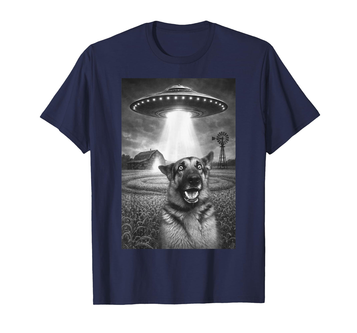 Funny German Shepherd Dog Shocked UFO Alien Abduction Farm T-Shirt
