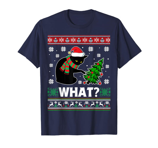 Black Cat What Pushing Tree Over Ugly Christmas Sweaters T-Shirt