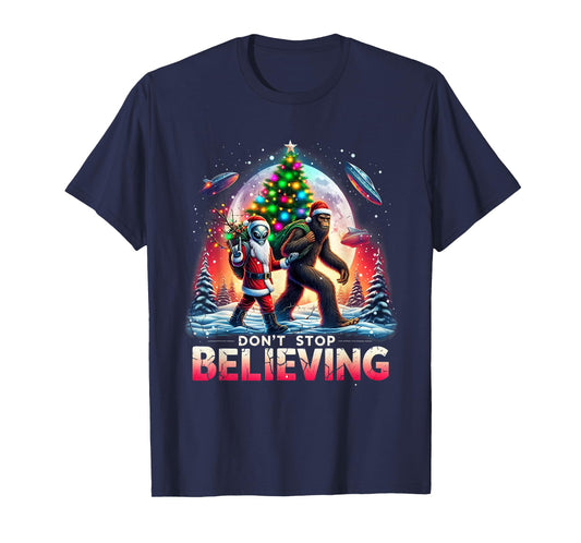 Believe Funny Alien and Santa Christmas Design T-Shirt