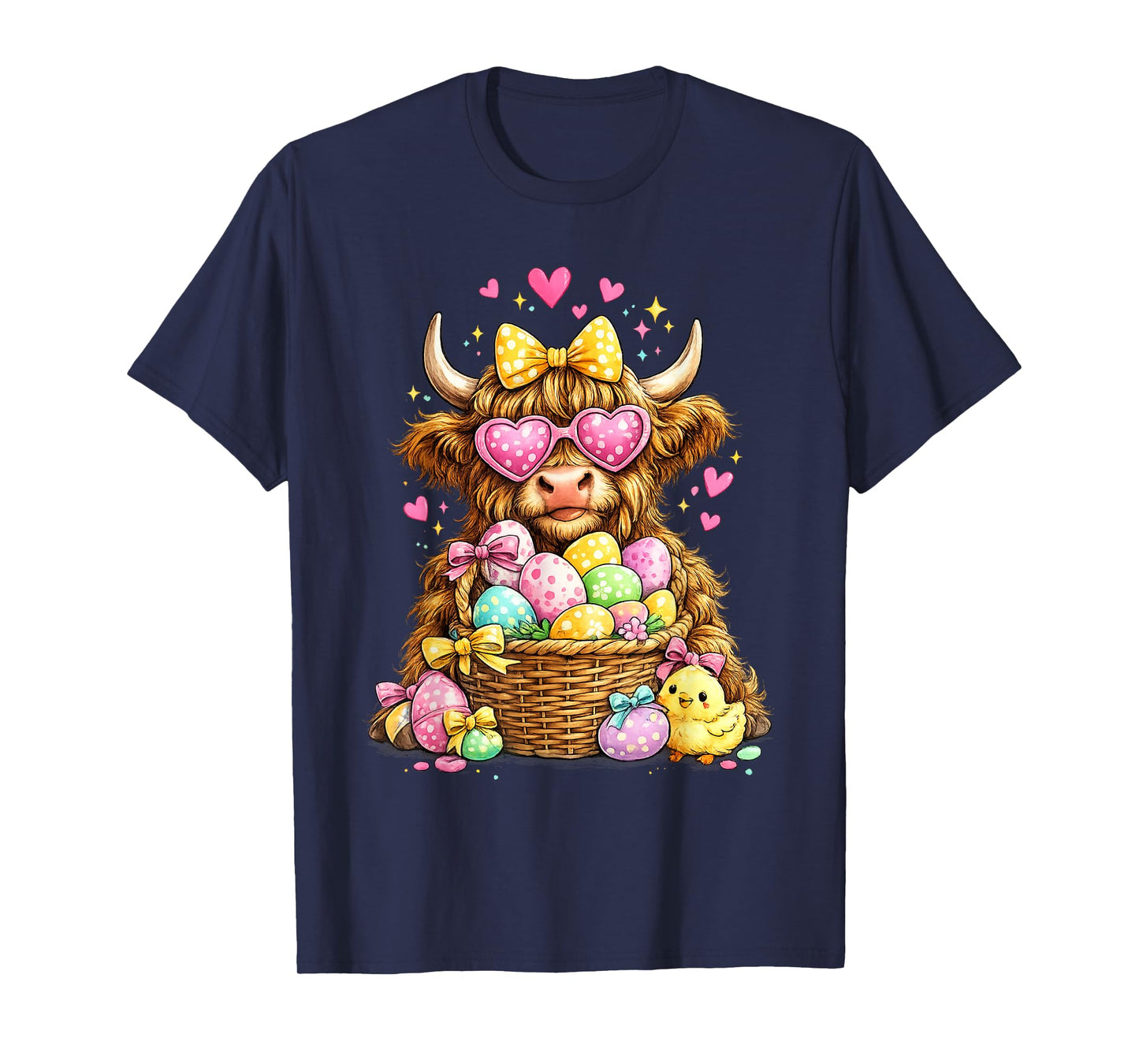 Cute Easter Highland Cow with Eggs Bunny Farm T-Shirt