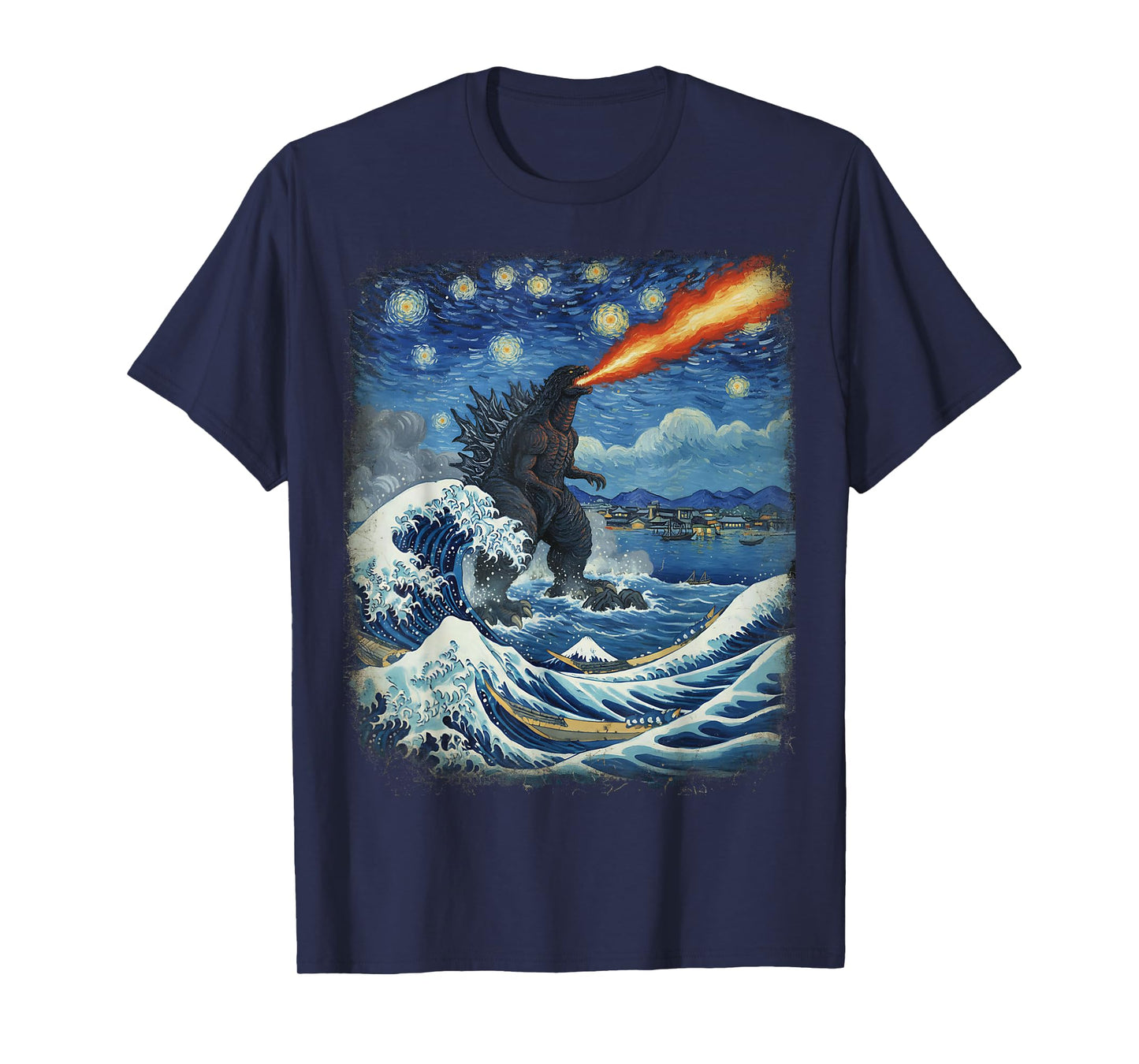 Kaiju Monster Japanese Vangogh starrynight Wave Vintage T-Shirt