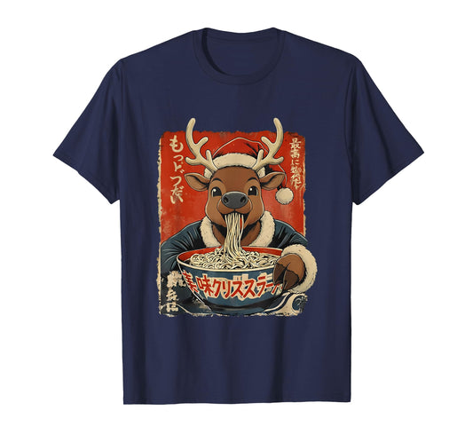 Reindeer Eating Ramen Noodles Ukiyo-e Christmas Pajama T-Shirt