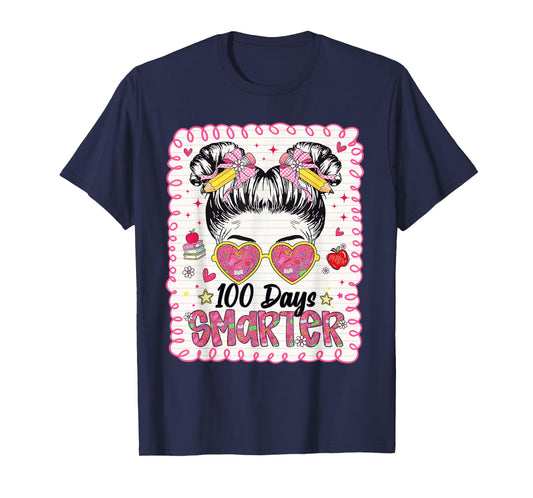 Preppy 100 Days Smarter 100th Day of School Messy Bun Girls T-Shirt