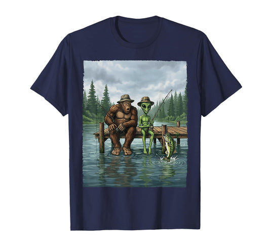 Funny Bigfoot Fishing Mens Alien Sasquatch Fishing Boys T-Shirt