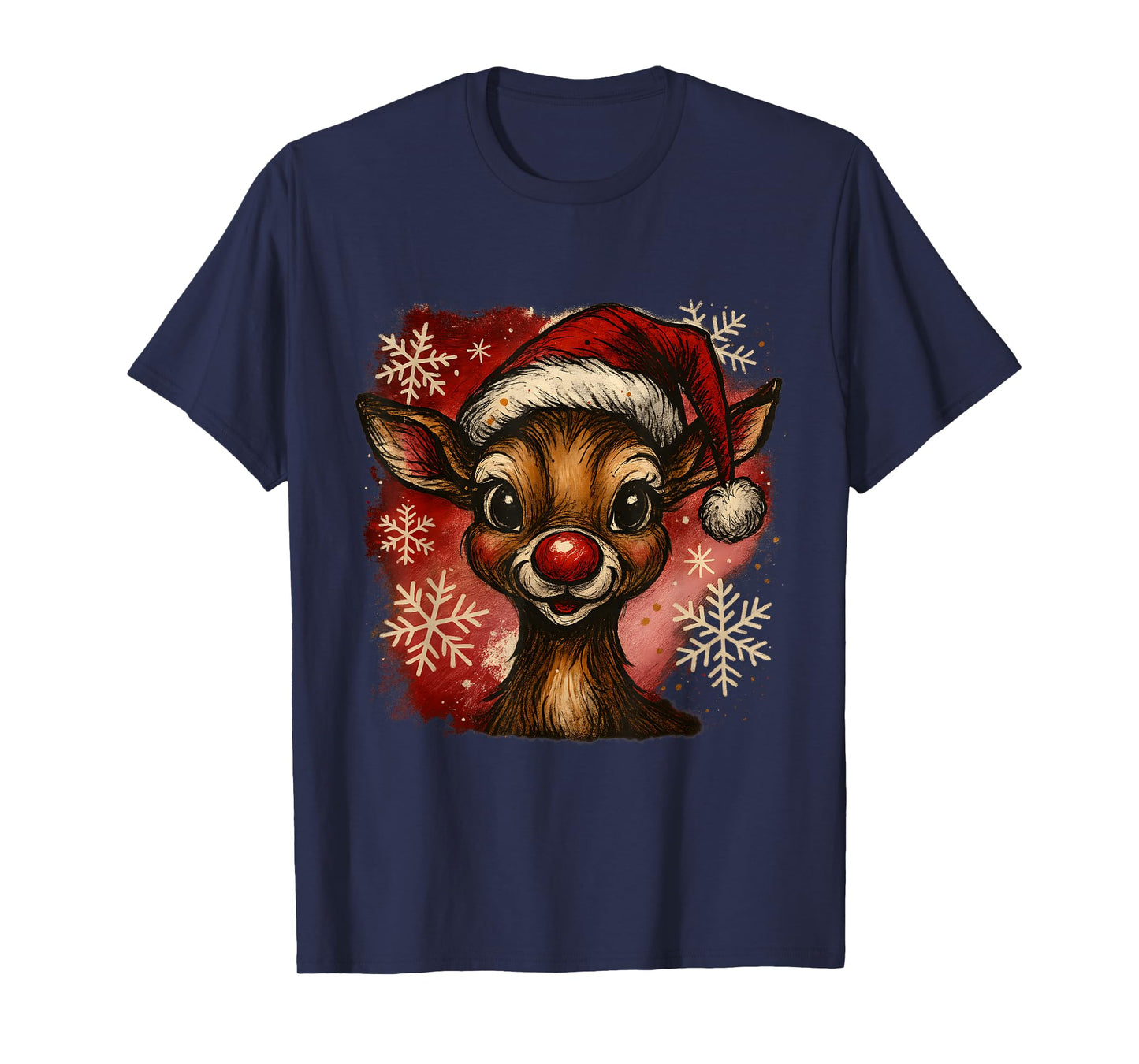 Cute Christmas Reindeer Santa Hat Festive Snowflakes T-Shirt