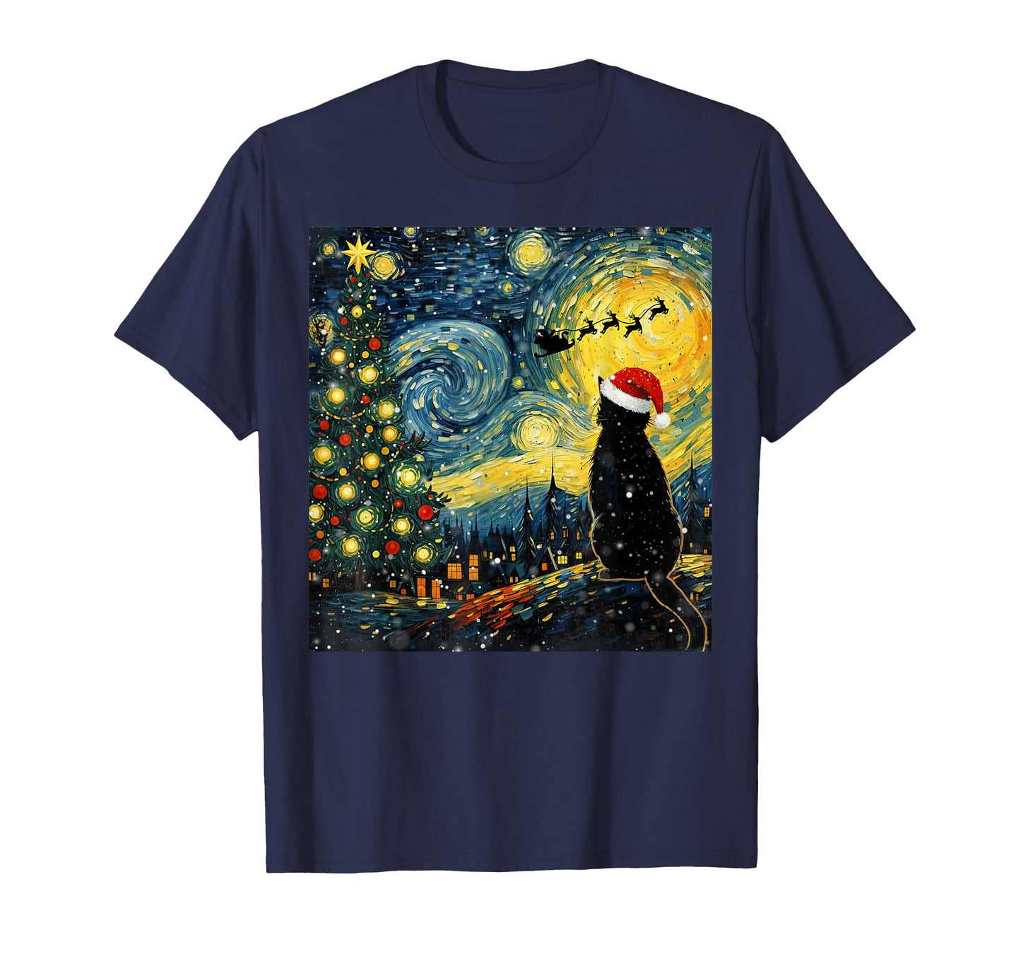 Santa Cat Starry Night Vintage Funny Christmas Vibes Art T-Shirt