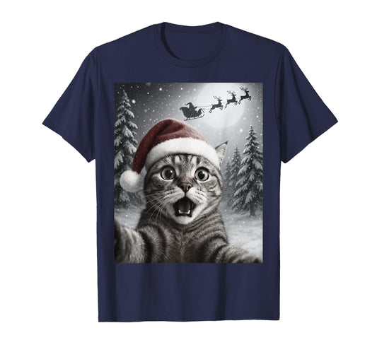 Funny Cat Selfie with Santa Claus Christmas Men Women Kids T-Shirt