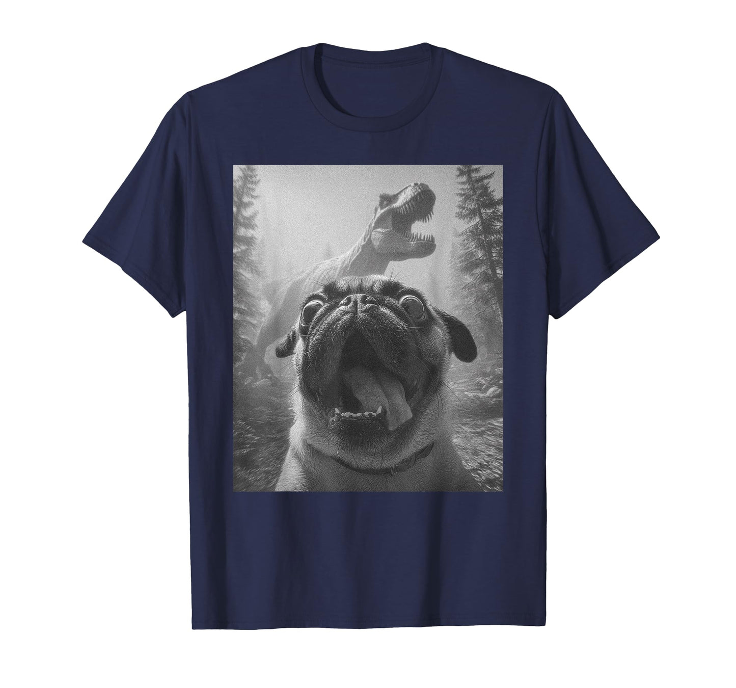 Funny Scared Pug Selfie with T-Rex Dinosaur Bootleg Graphic T-Shirt