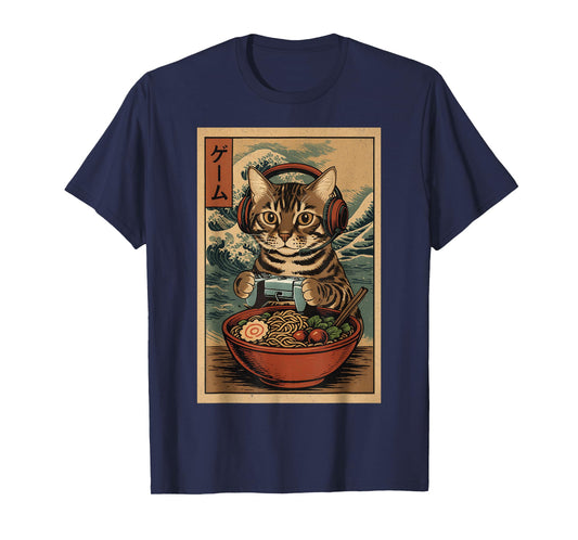 Cute Kawaii Gamer Cat Funny Ramen Retro Japanese Cat Gaming T-Shirt