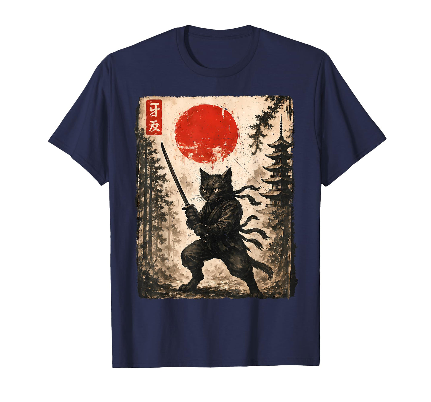 Samurai Cat Japanese Mens Boys Kids Graphic Anime T-Shirt