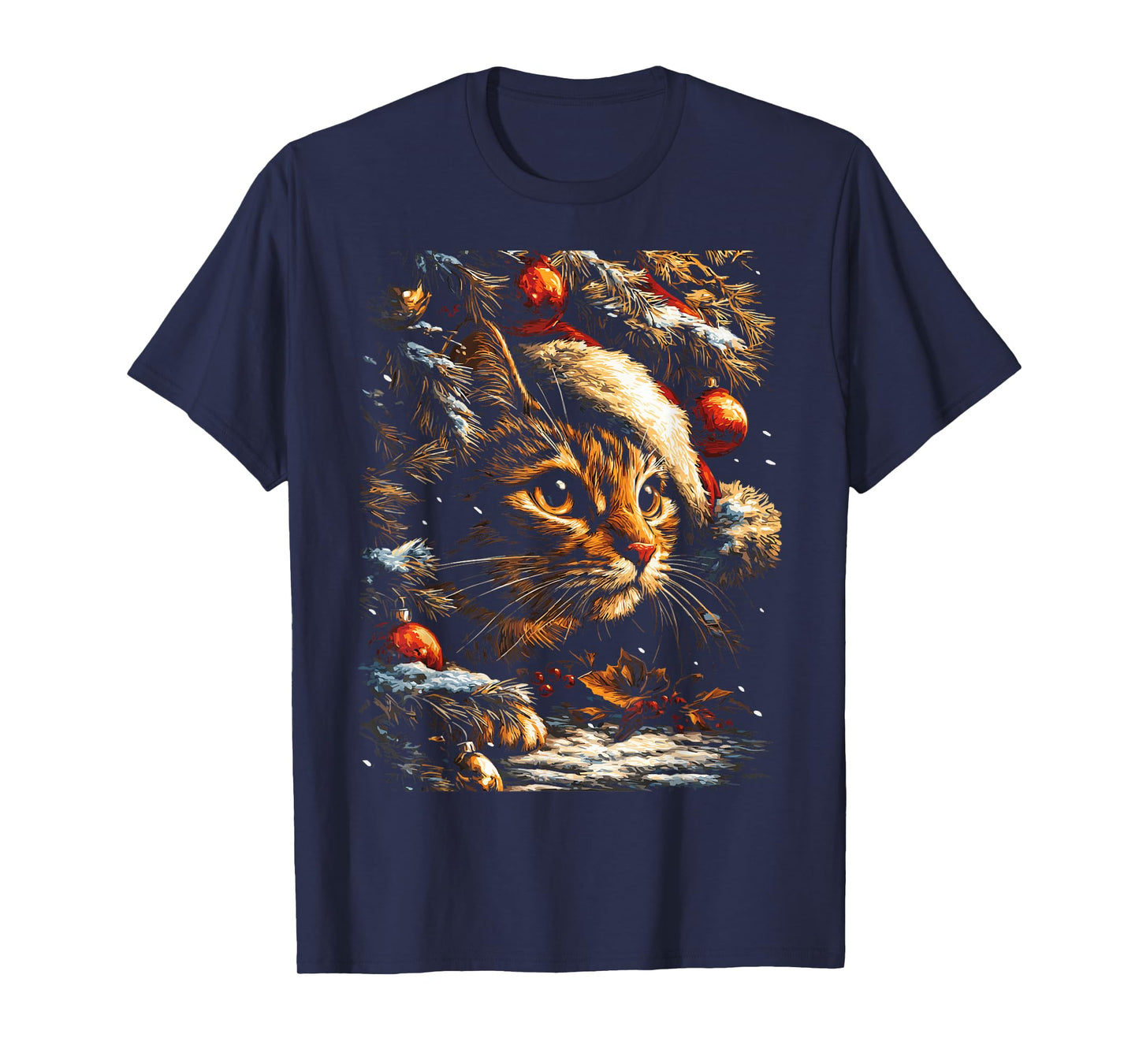 Christmas Tabby Cat with Santa Hat Festive Winter Kitten T-Shirt