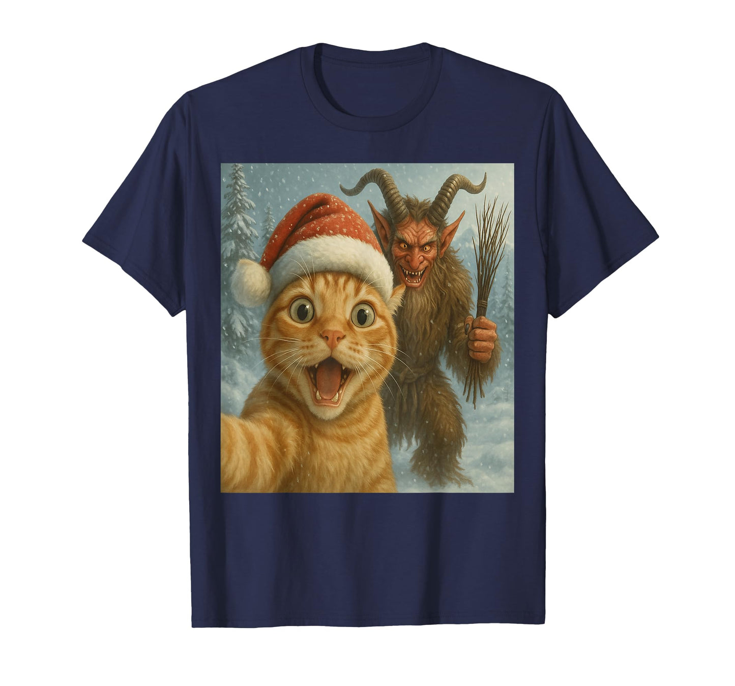Funny Cat Selfie with Krampus Dark Humor Xmas T-Shirt