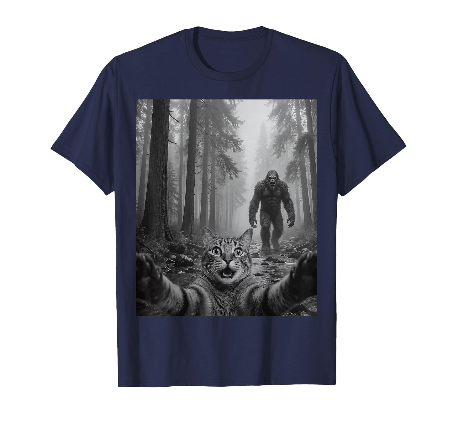 Funny Cute Tabby Cat Selfie with Bigfoot Men Women Kids T-Shirt