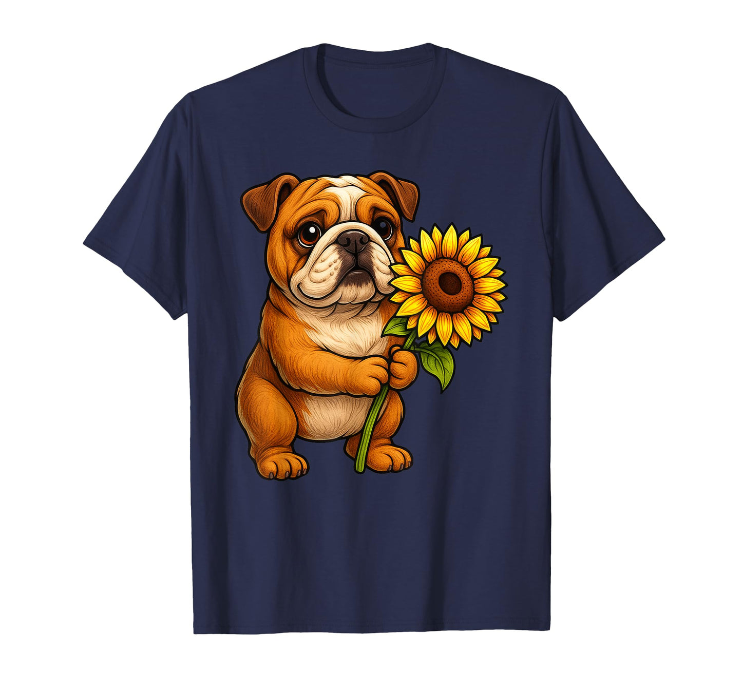 Cute English Bulldog Dog Holding Sunflower Flower T-Shirt