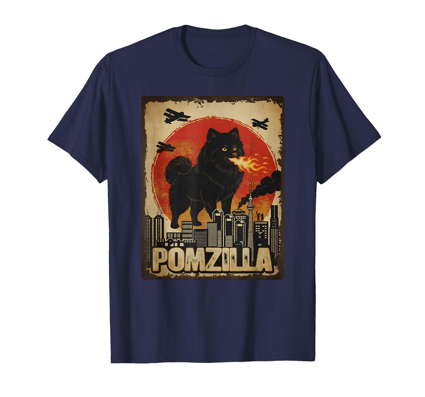 Funny Pomzilla Black Pomeranian Dog Monster Vintage Japanese T-Shirt