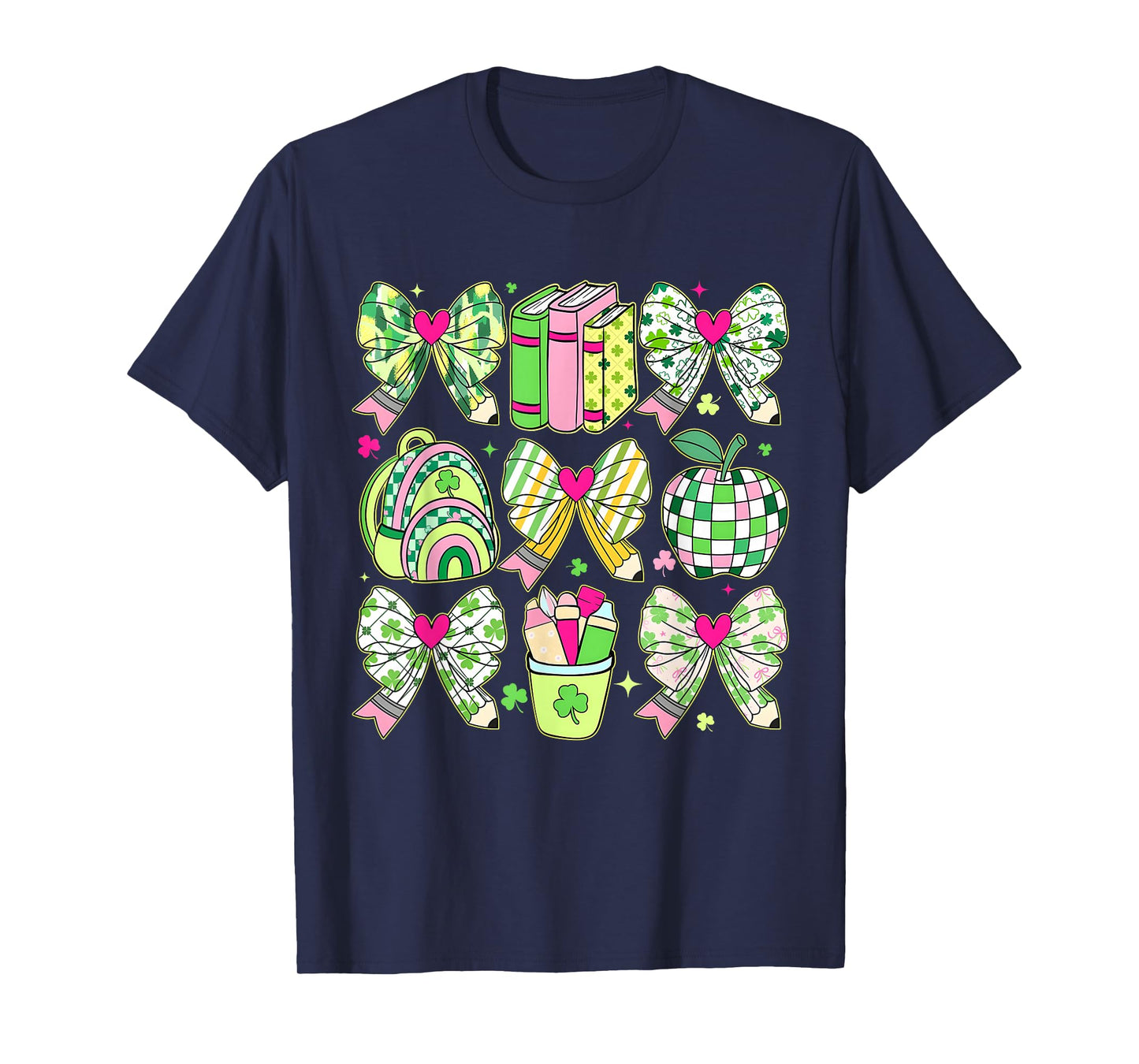 St Patricks Day Teacher Pencil Bow Shamrock Apple Girl Women T-Shirt