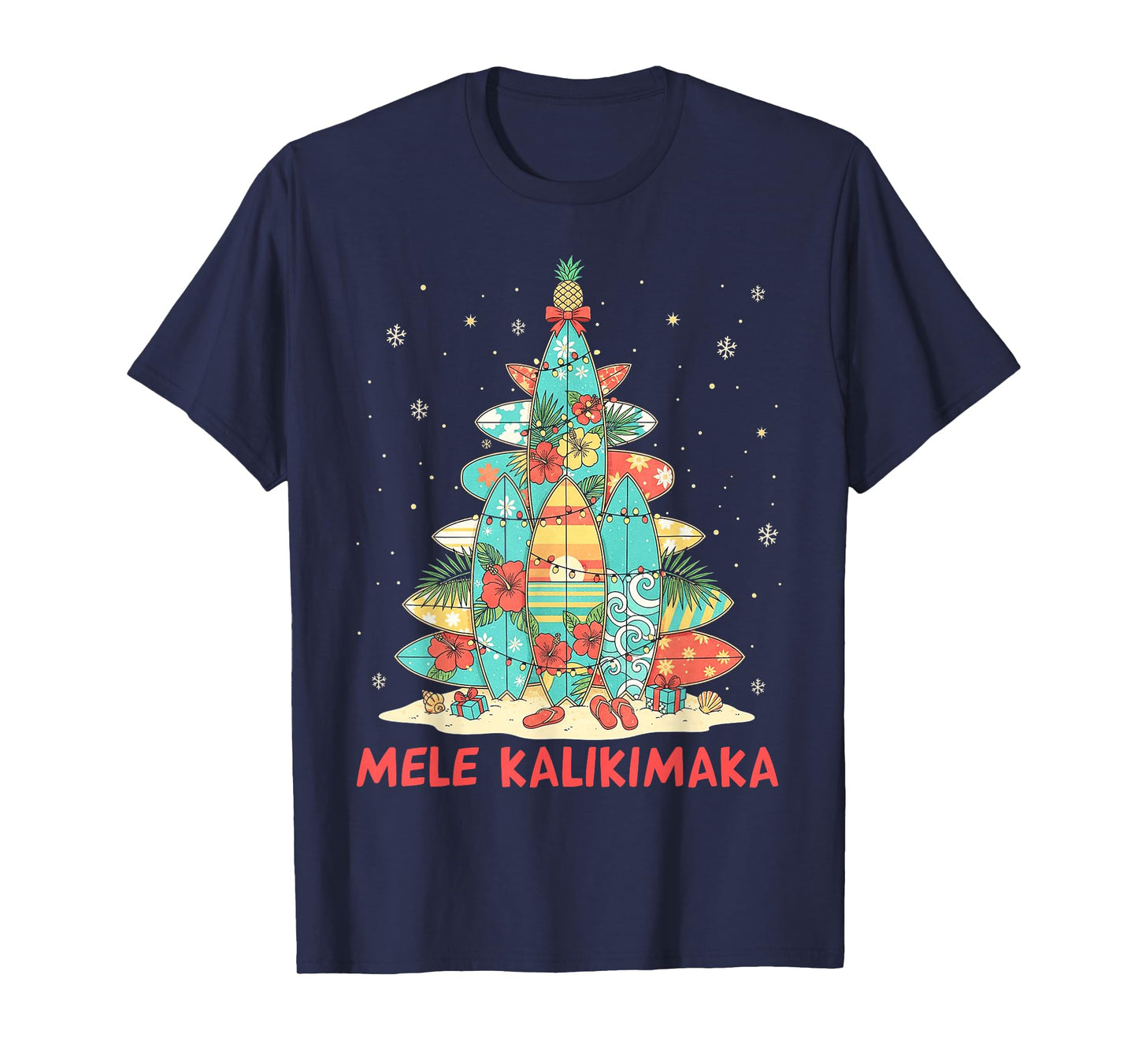 Hawaiian Surfboard Christmas Tree Mele Kalikimaka Tropical T-Shirt