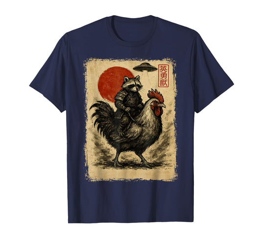 Funny Vintage Raccoon Rooster Chicken UFO Japanese Anime T-Shirt