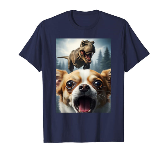 Funny Chihuahua Dog Selfie with T-Rex Women Men Kids T-Shirt