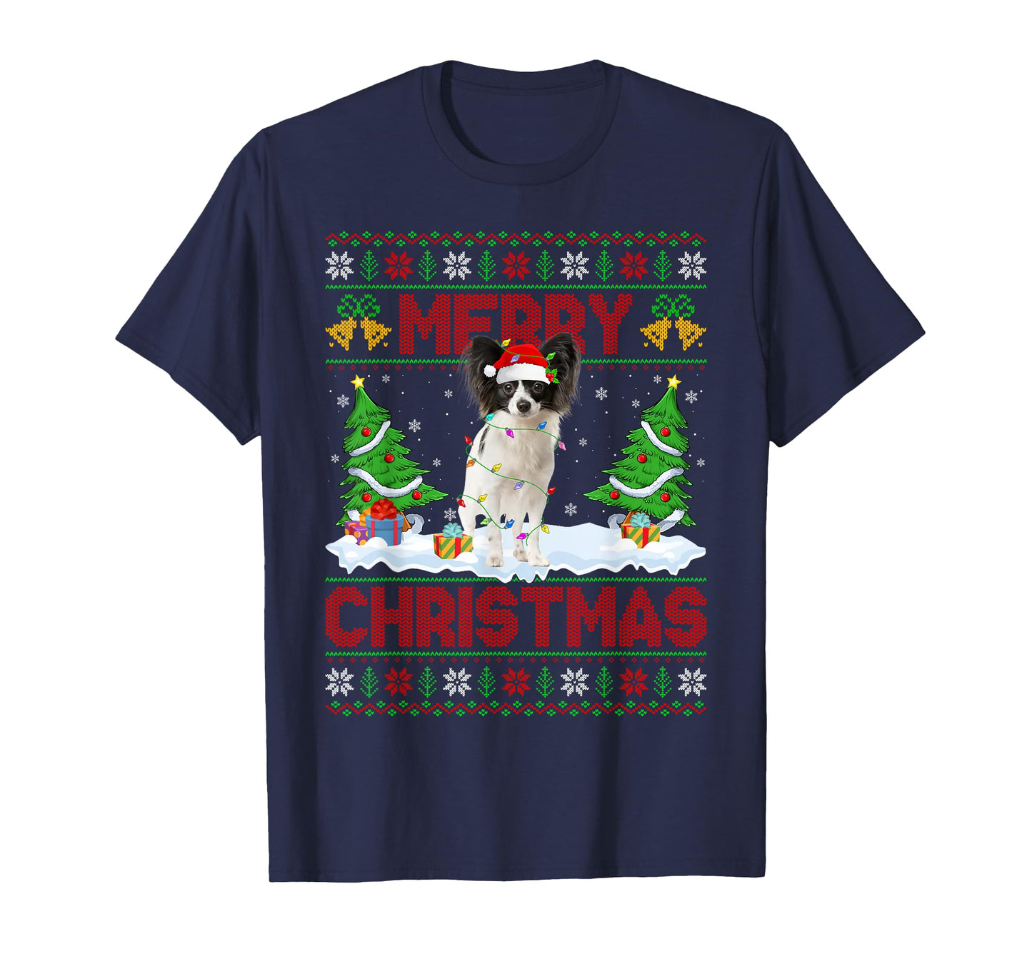 Papillon Dog Christmas Ugly Sweater Funny Santa Hat Dog Xmas T-Shirt