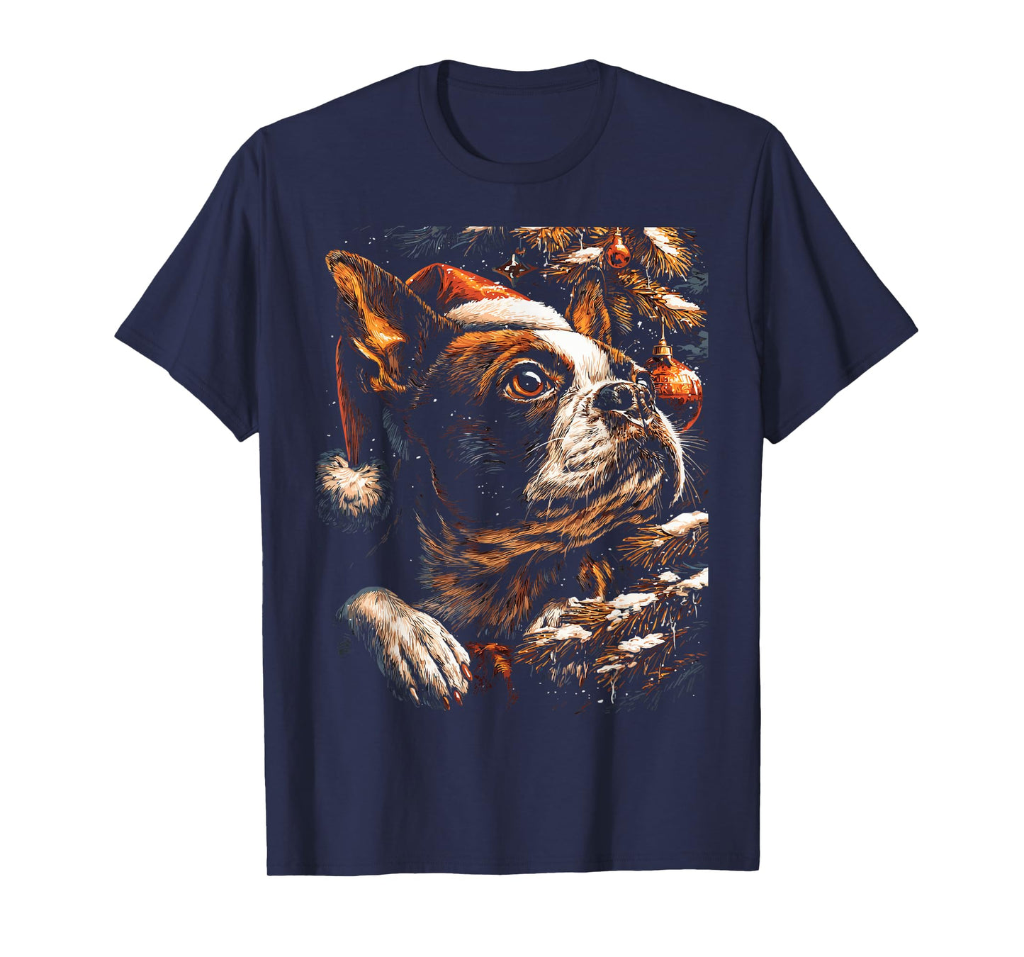 Christmas Boston Terrier Santa Hat Festive Winter Snowy Dog T-Shirt
