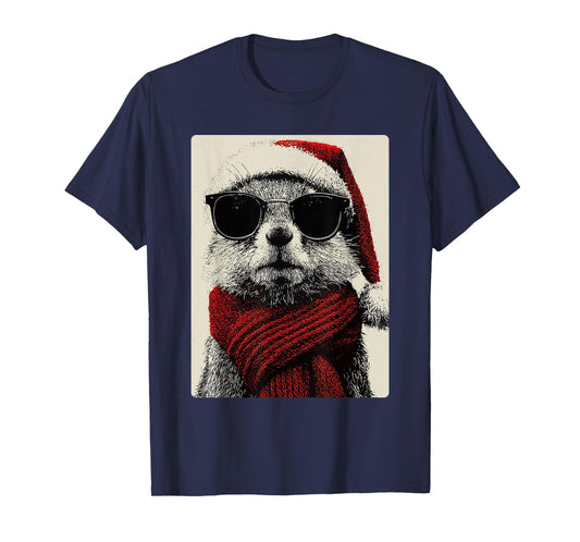 Christmas Squirrel with Sunglasses Santa Hat Funny Animal T-Shirt