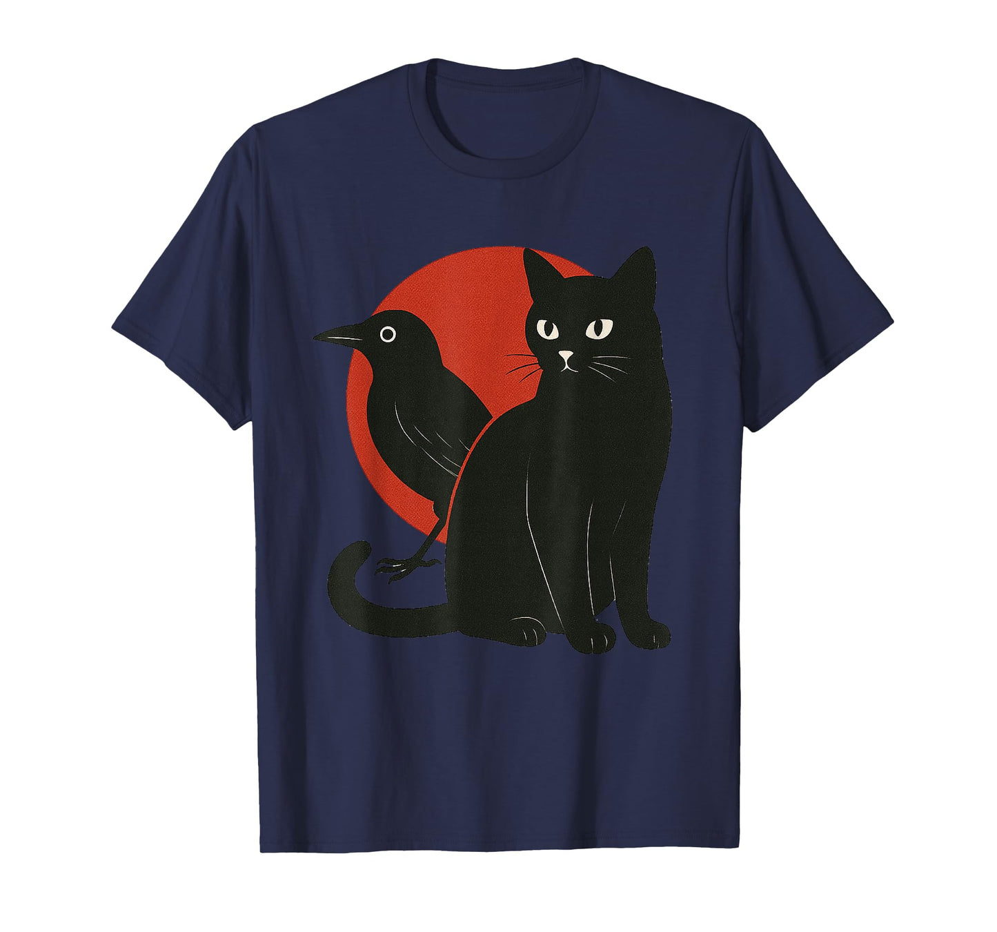 Minimal Black Cat and Raven Red The Moon Symbolic Murakami T-Shirt