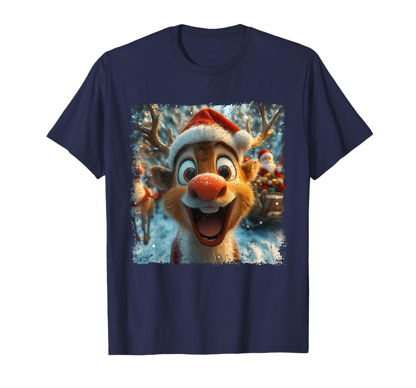 Funny Reindeer Christmas Selfie Santa Hat Design T-Shirt