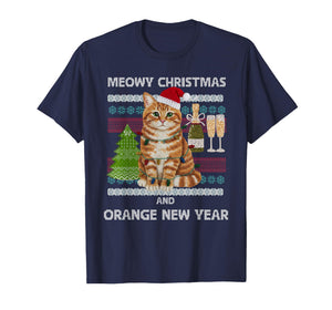 Meowy Christmas Funny Orange Cat Santa Hat Ugly Sweater T-Shirt